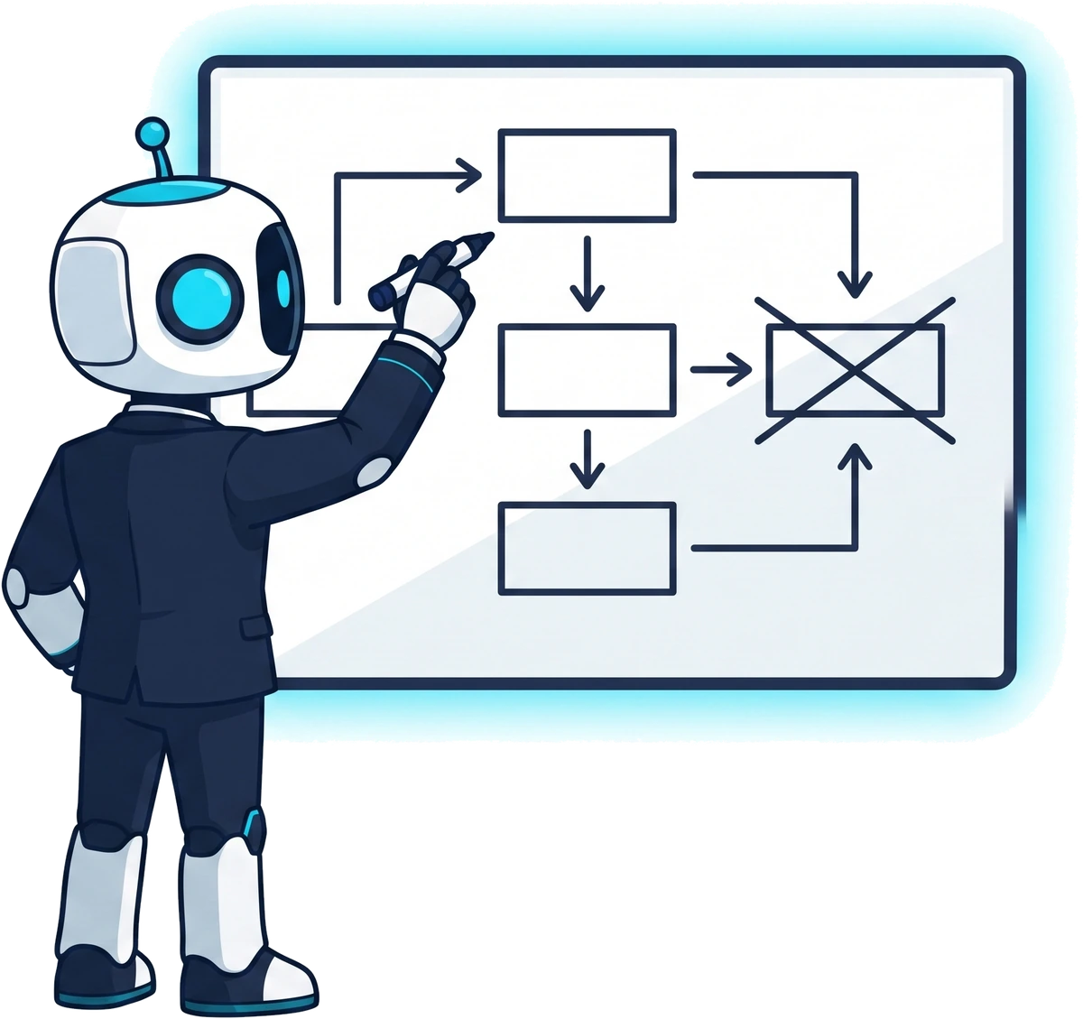 The Spengo robot at a whiteboard, mapping out a plan