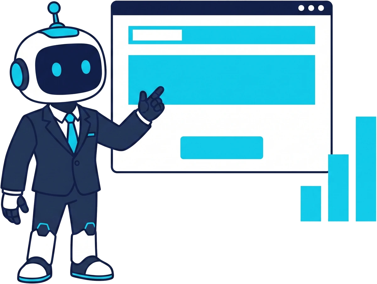 The Spengo robot beside a browser window and a rising chart