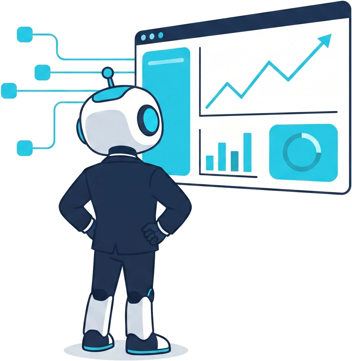 The Spengo robot in front of a dashboard fed by connected systems